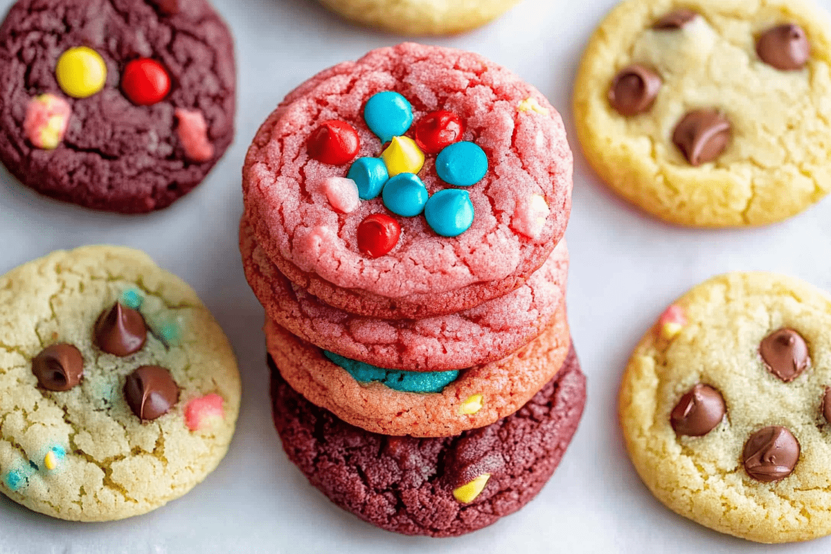 Colorful assortment of cake mix cookies with various toppings