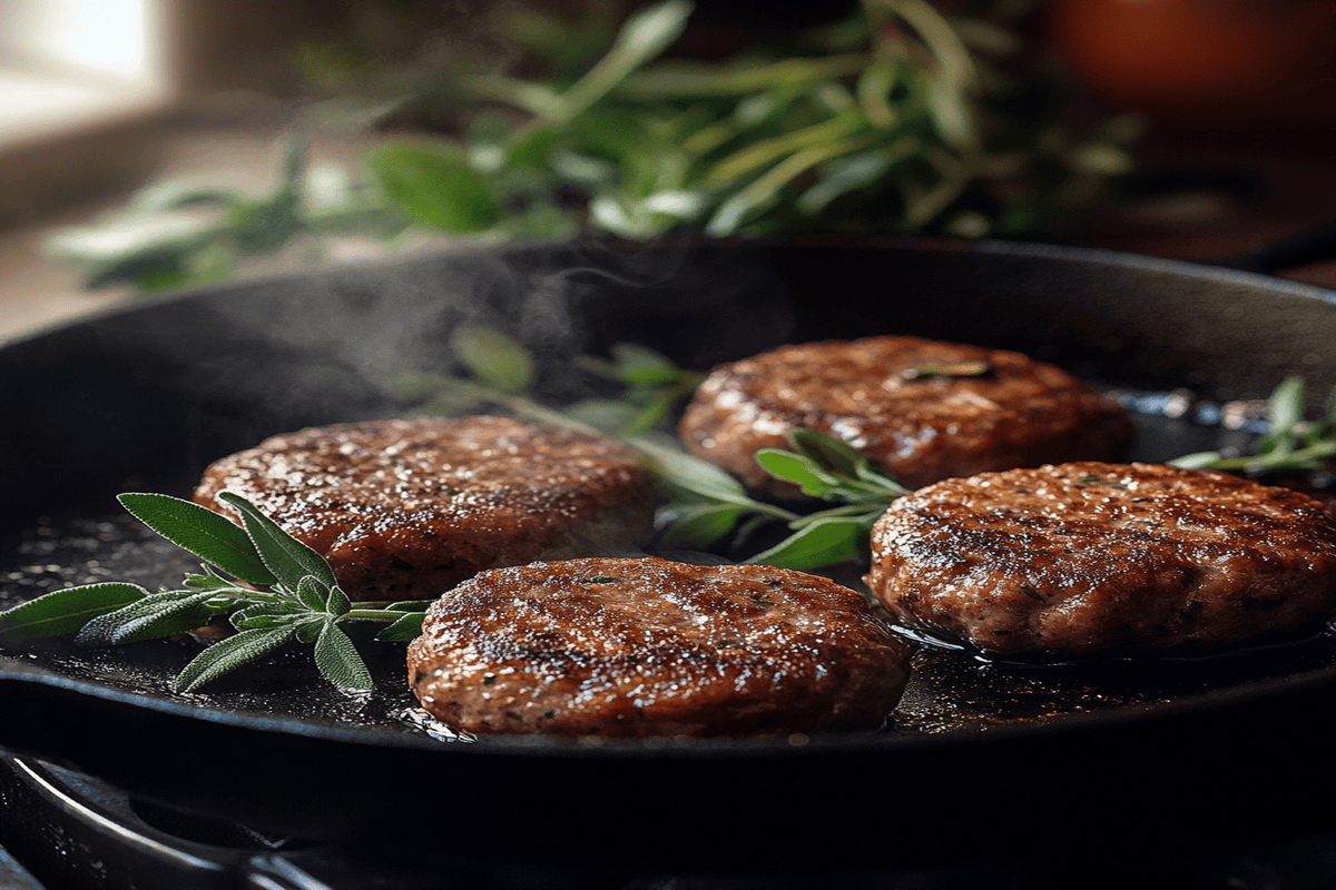 Golden-brown breakfast sausage patties sizzling in a cast-iron skillet, showcasing how breakfast sausage gets its flavor from quality meat and herbs.