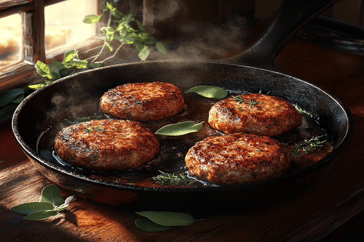 Golden-brown breakfast sausage patties sizzling in a cast-iron skillet, surrounded by fresh sage and thyme