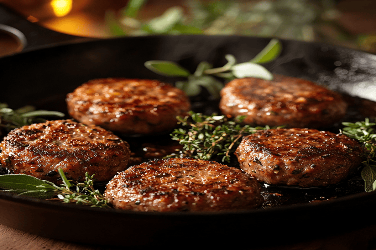 Golden-brown morning sausage patties sizzling in a cast-iron skillet, surrounded by fresh sage and thyme.