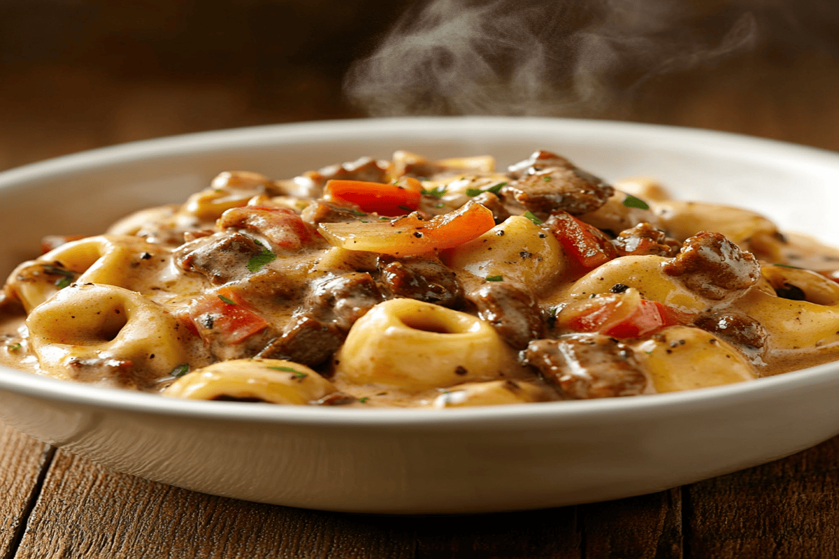 Close-up view of cheesesteak tortellini in creamy provolone sauce, garnished with caramelized onions and peppers, served in a white ceramic bowl.