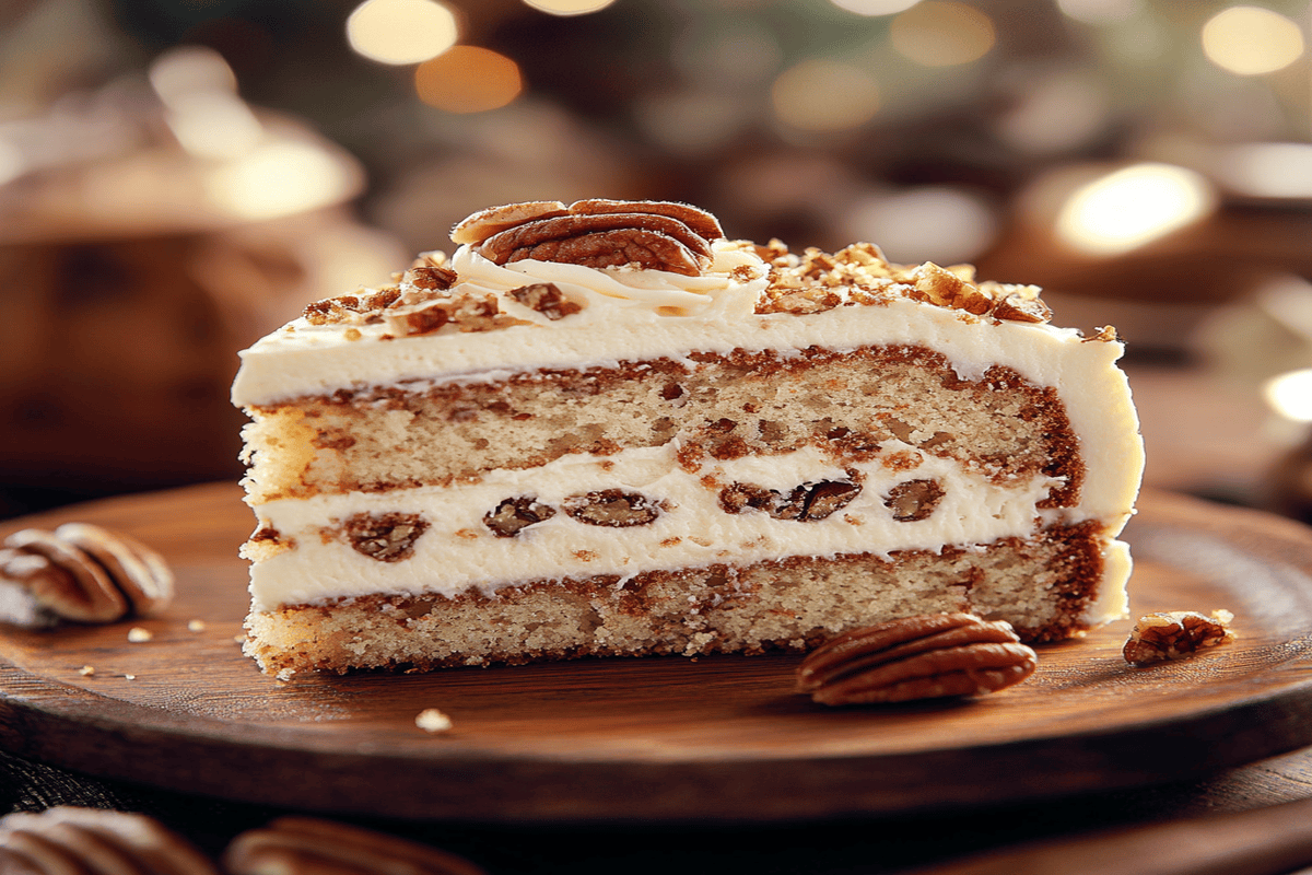 A slice of moist butter pecan cake topped with cream cheese frosting and toasted pecans, served on a rustic wooden plate.