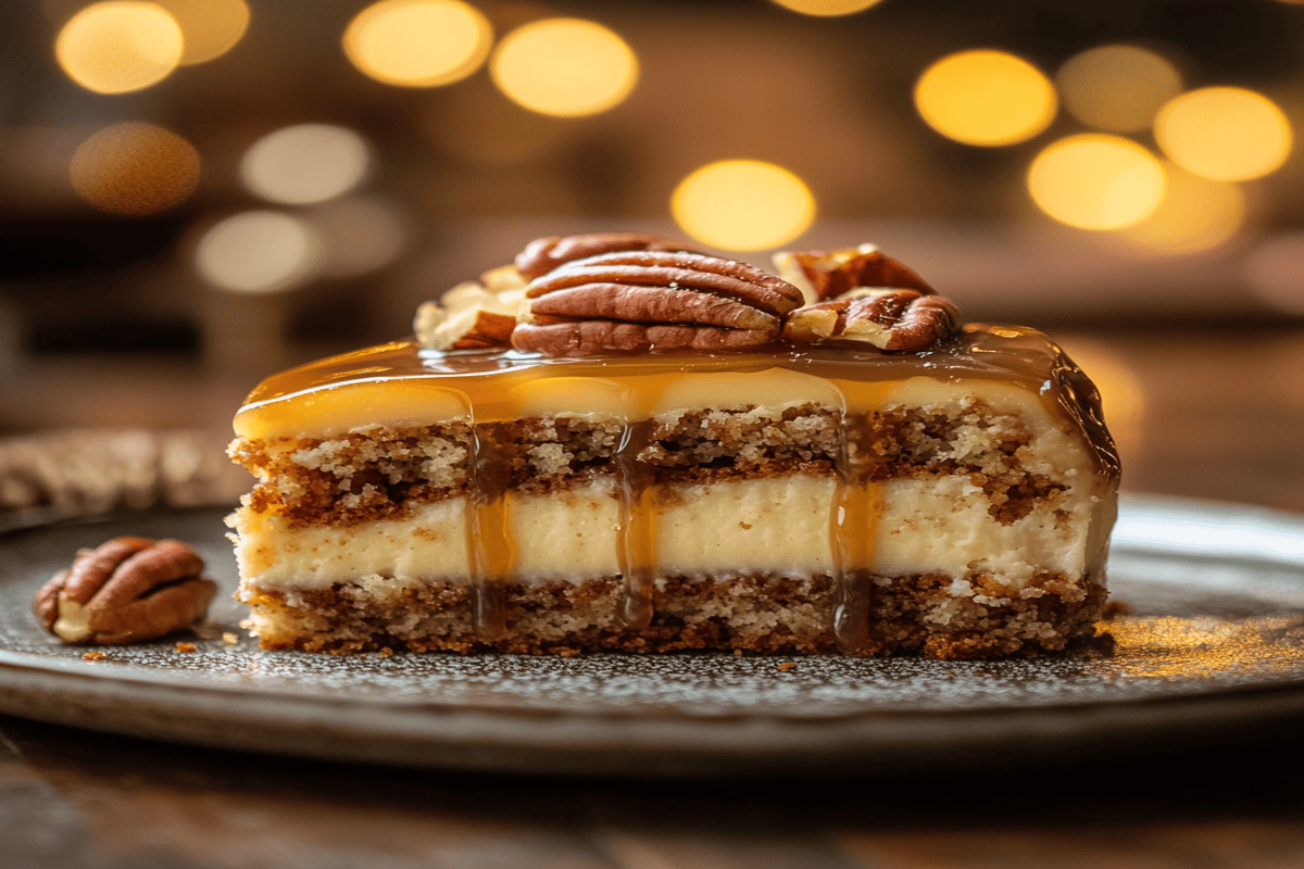 A butter pecan cake slice topped with caramel drizzle and toasted pecans on a rustic plate.