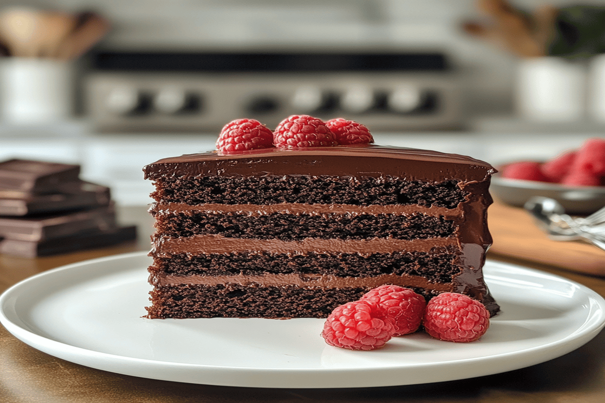 A close-up of a slice of super moist chocolate cake topped with glossy ganache and garnished with fresh raspberries on a white plate.