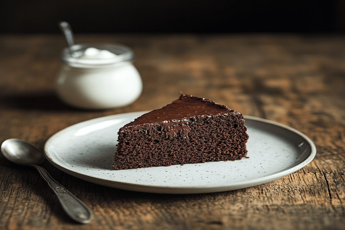 A moist chocolate cake slice on a plate, showing the rich texture achieved by adding sour cream.