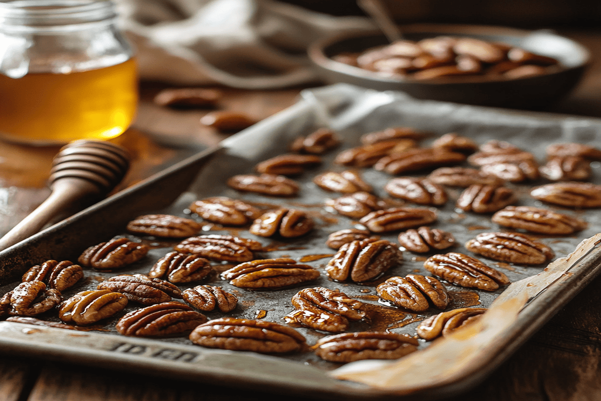 A baking sheet filled with toasted pecans, highlighting their golden brown color and nutty texture.