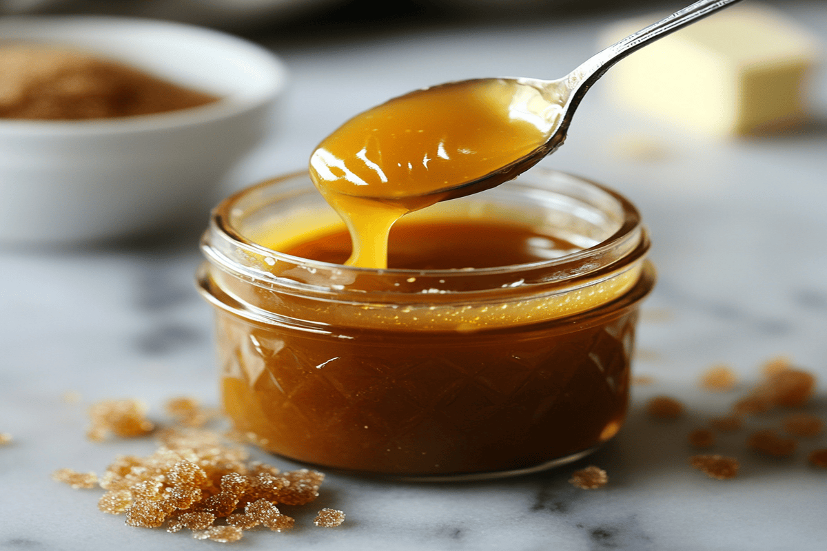 Golden butterscotch sauce in a glass jar with a spoon and scattered brown sugar.