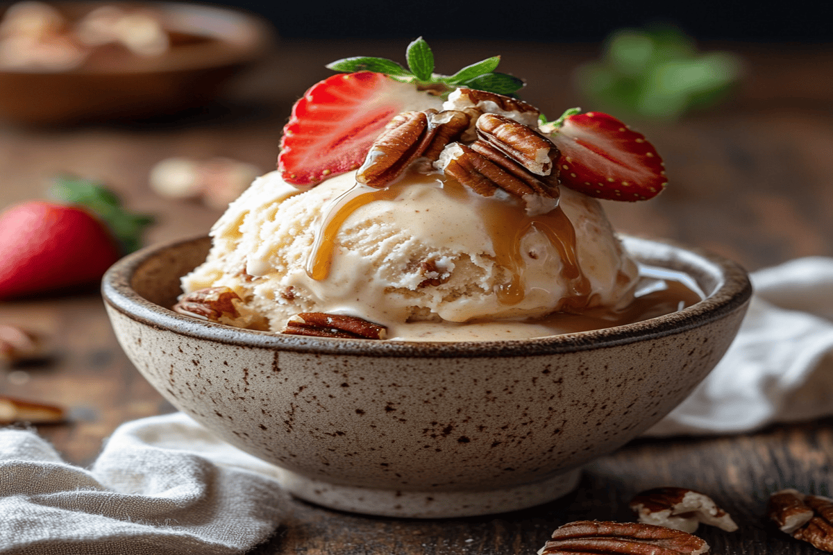 A scoop of butter pecan ice cream in a bowl, topped with fresh strawberries and caramel drizzle.