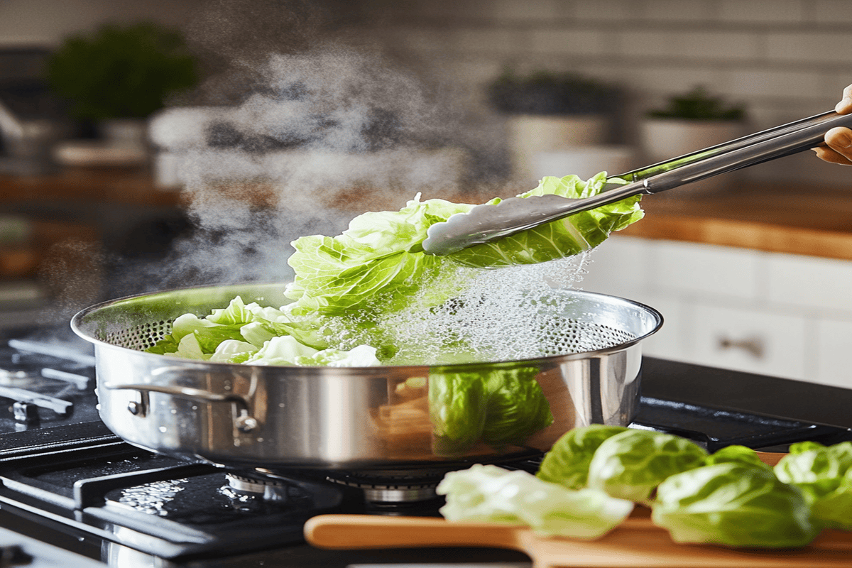 Cabbage being blanched in a boiling pot with softened leaves lifted by tongs.