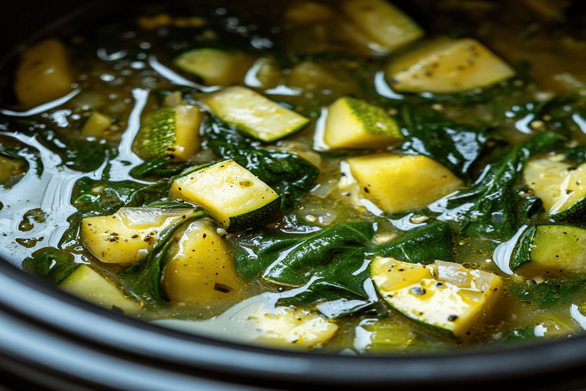 Overcooked zucchini, spinach, and asparagus in a slow cooker, showing mushy textures.