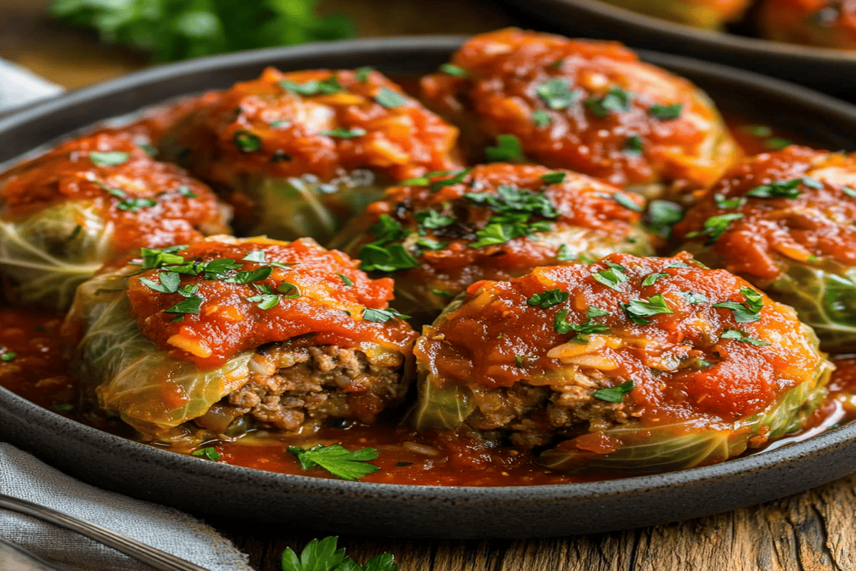 Traditional cabbage rolls stuffed with tender meat and rice, topped with tomato sauce and garnished with parsley.