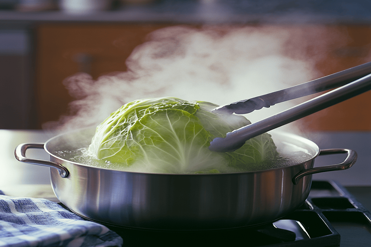 Whole cabbage with the core partially removed using a knife, ready for blanching or steaming.