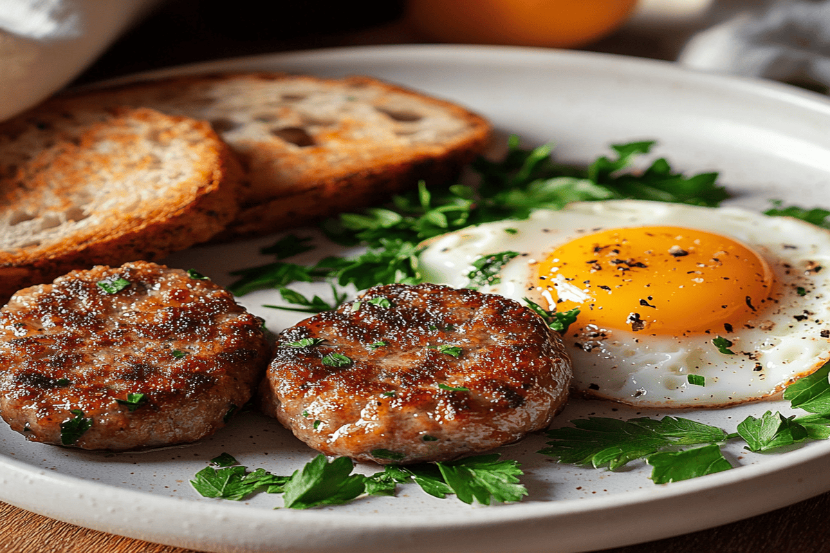 Golden-brown homemade breakfast sausage patties served on a rustic white plate, garnished with fresh herbs, a perfect result of this Homemade Breakfast Sausage Recipe.