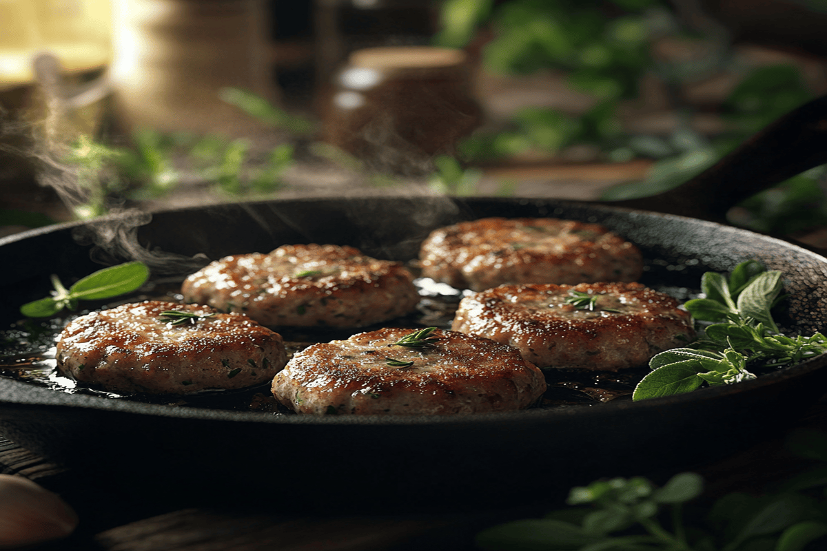 Golden-brown breakfast sausage patties sizzling in a cast-iron skillet, highlighting the savory and herbal breakfast sausage taste.