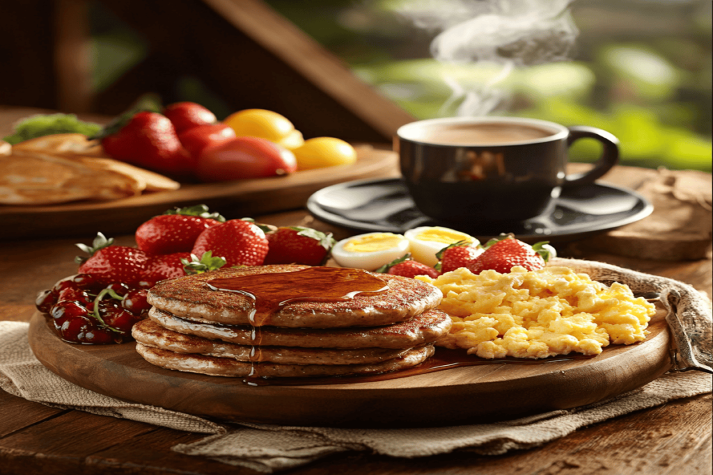 A beautifully arranged breakfast table featuring Jimmy Dean sausage patties, scrambled eggs, pancakes, and syrup