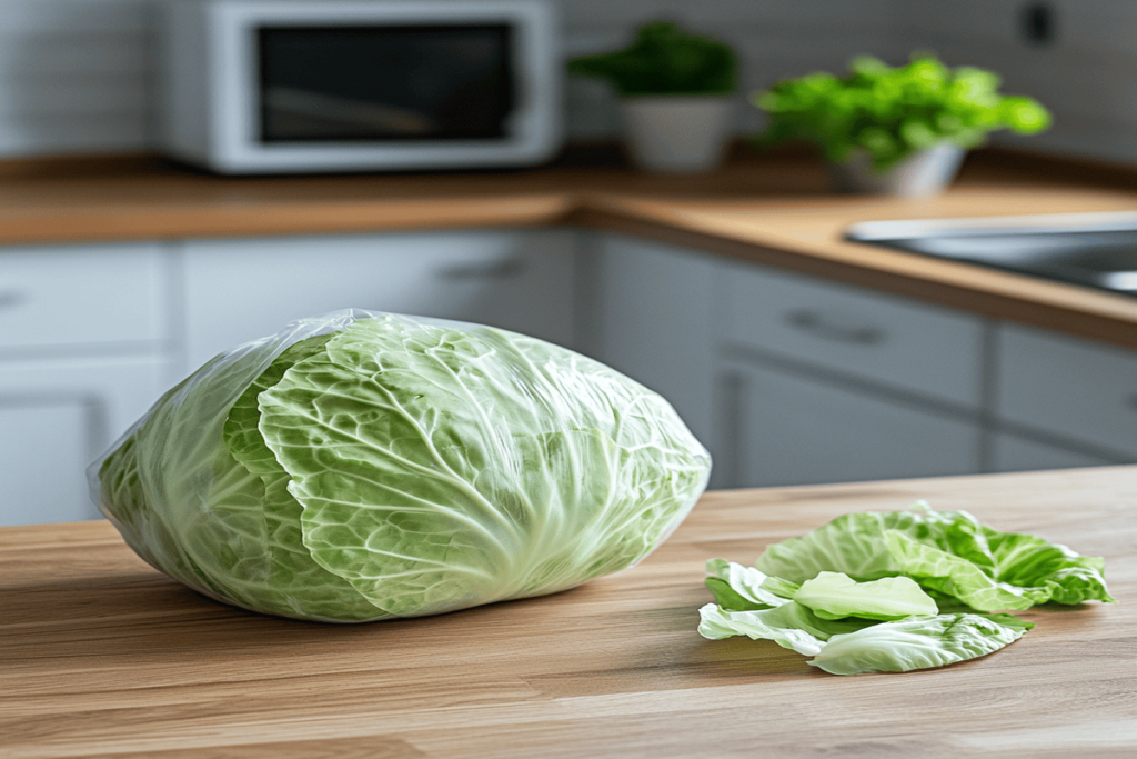 A frozen cabbage in a freezer-safe bag alongside thawed and softened leaves ready for use.