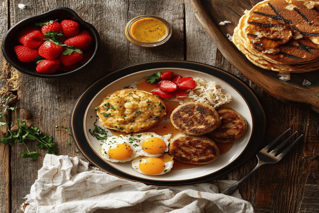 A cozy breakfast spread featuring morning sausage patties with scrambled eggs and pancakes, alongside grilled regular sausage with mustard and sauerkraut.