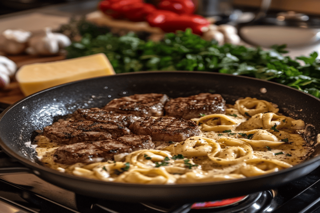 A skillet of sizzling steak slices with sautéed onions and peppers, alongside a bubbling pot of tortellini in provolone sauce on a stovetop.