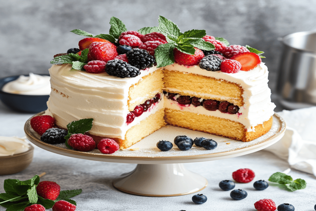 A frosted vanilla sponge cake with berries, sliced to show moist and fluffy layers enhanced by sour cream.