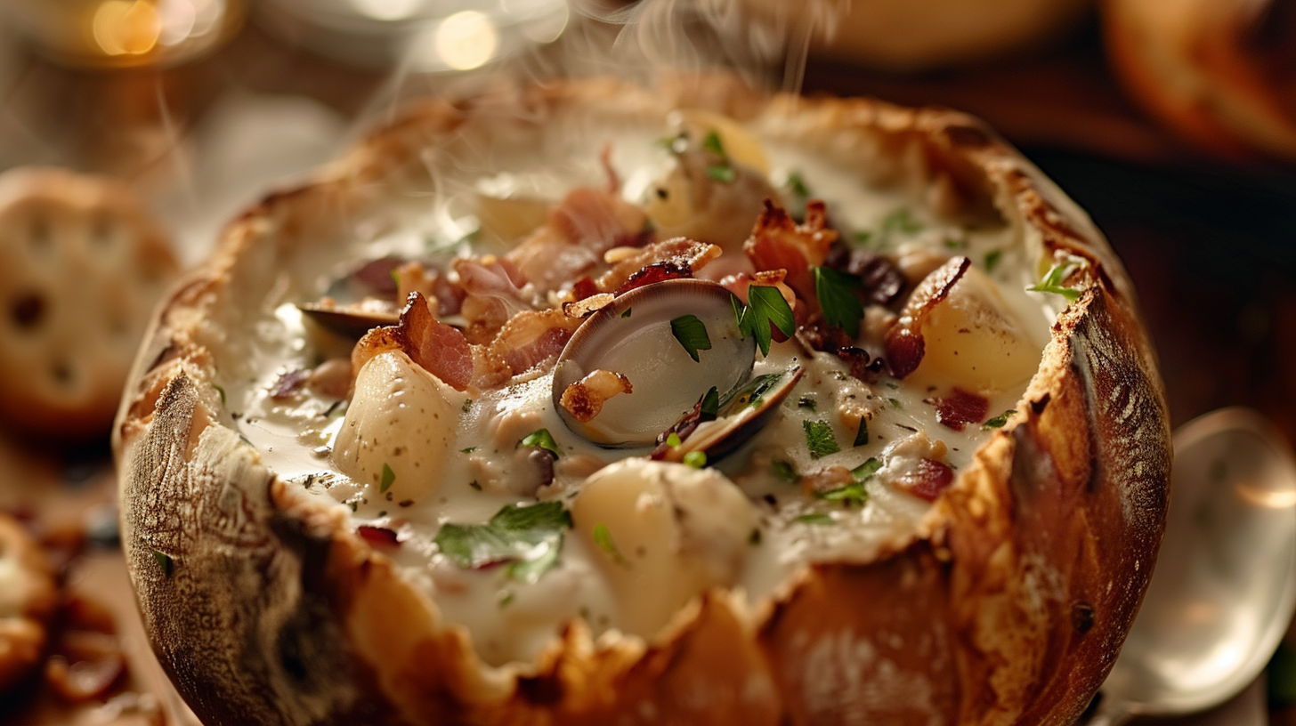 A rich and creamy bowl of New England clam chowder served in a sourdough bread bowl, garnished with fresh parsley and crispy bacon bits.