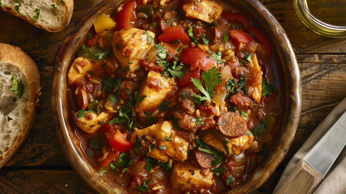 A steaming bowl of chicken and chorizo jambalaya with fluffy rice, sliced chorizo, bell peppers, and fresh parsley, served in a rustic ceramic dish.