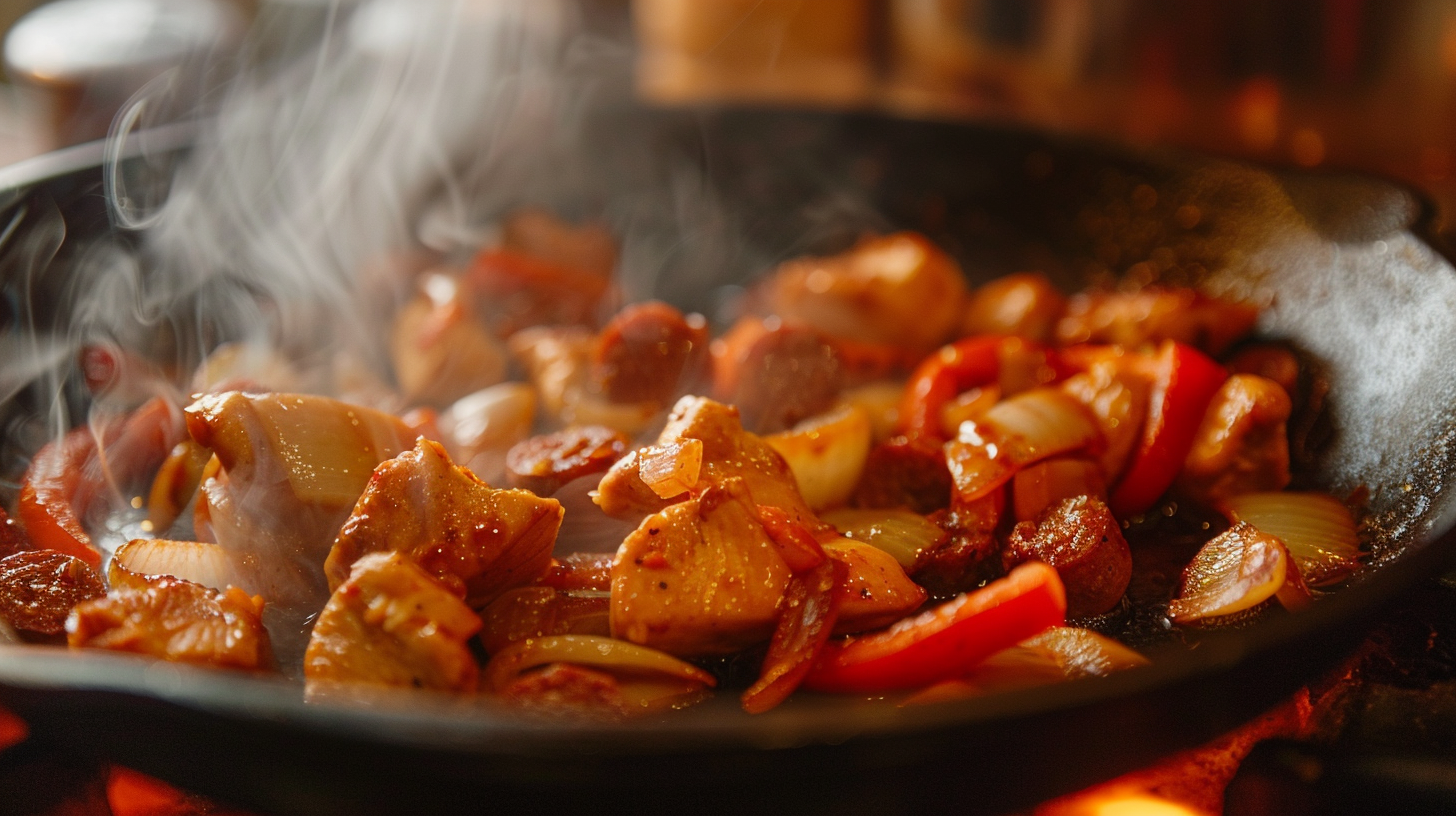 Sizzling chicken and chorizo cooking in a cast-iron pan, releasing flavorful oils with onions and peppers.