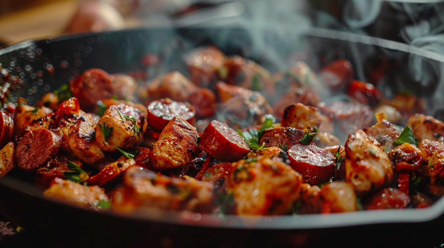 A plated dish of seasoned chicken and chorizo garnished with fresh parsley, surrounded by bowls of paprika, garlic powder, and oregano.