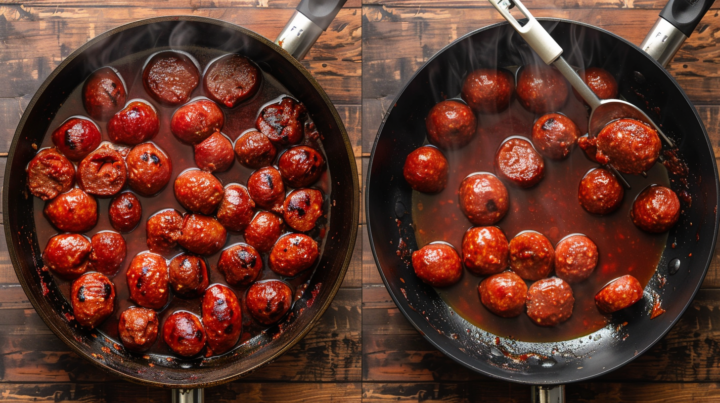 Comparison of undercooked and fully cooked chorizo with a thermometer reading 160°F