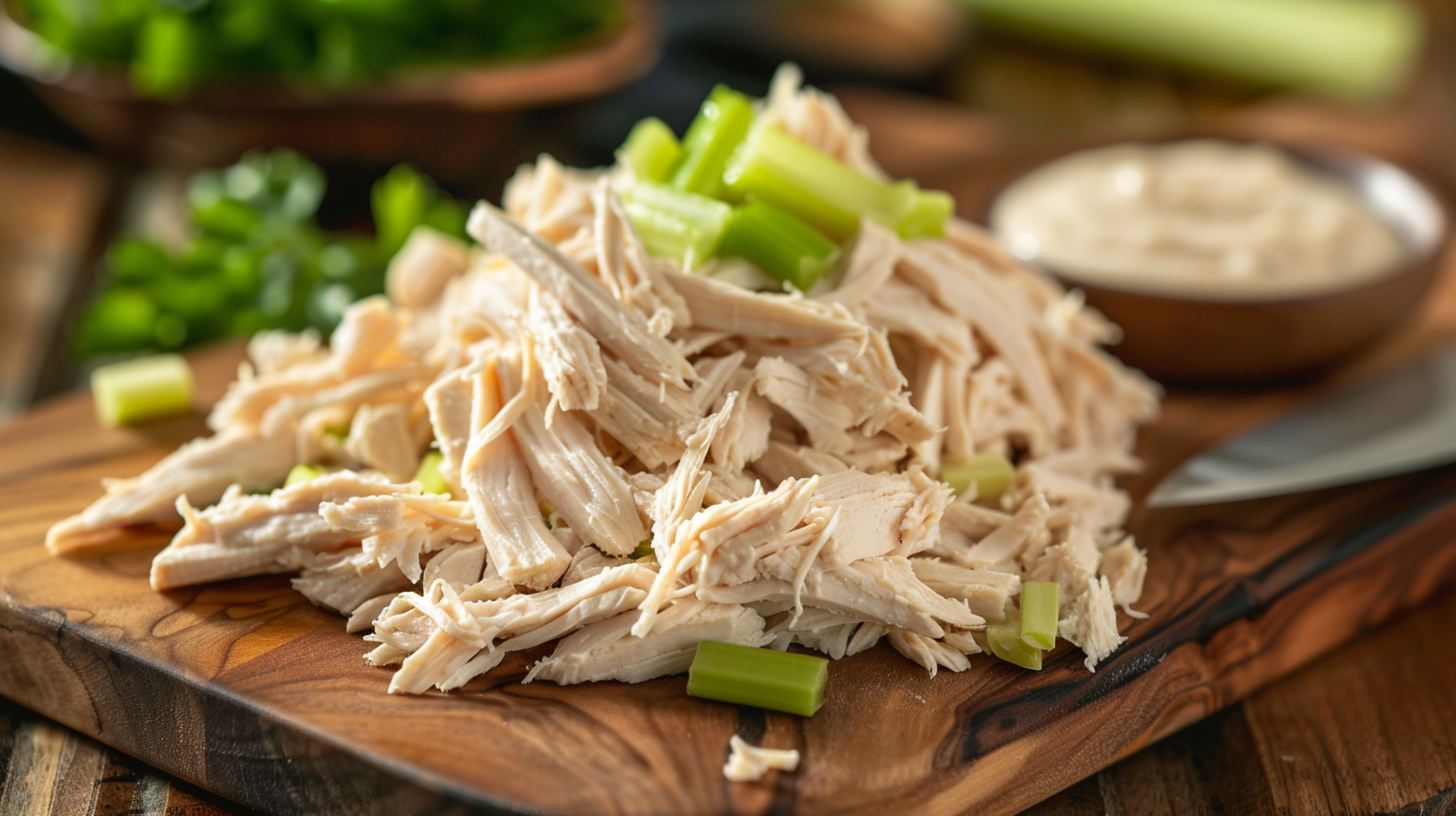 Freshly shredded chicken with mayonnaise, celery, and parsley on a wooden cutting board.