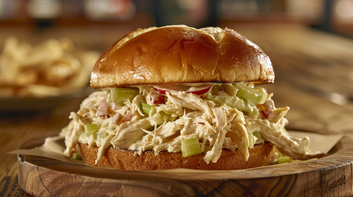 Chick-fil-A chicken salad sandwich with shredded chicken, celery, and mayonnaise on a rustic wooden plate.