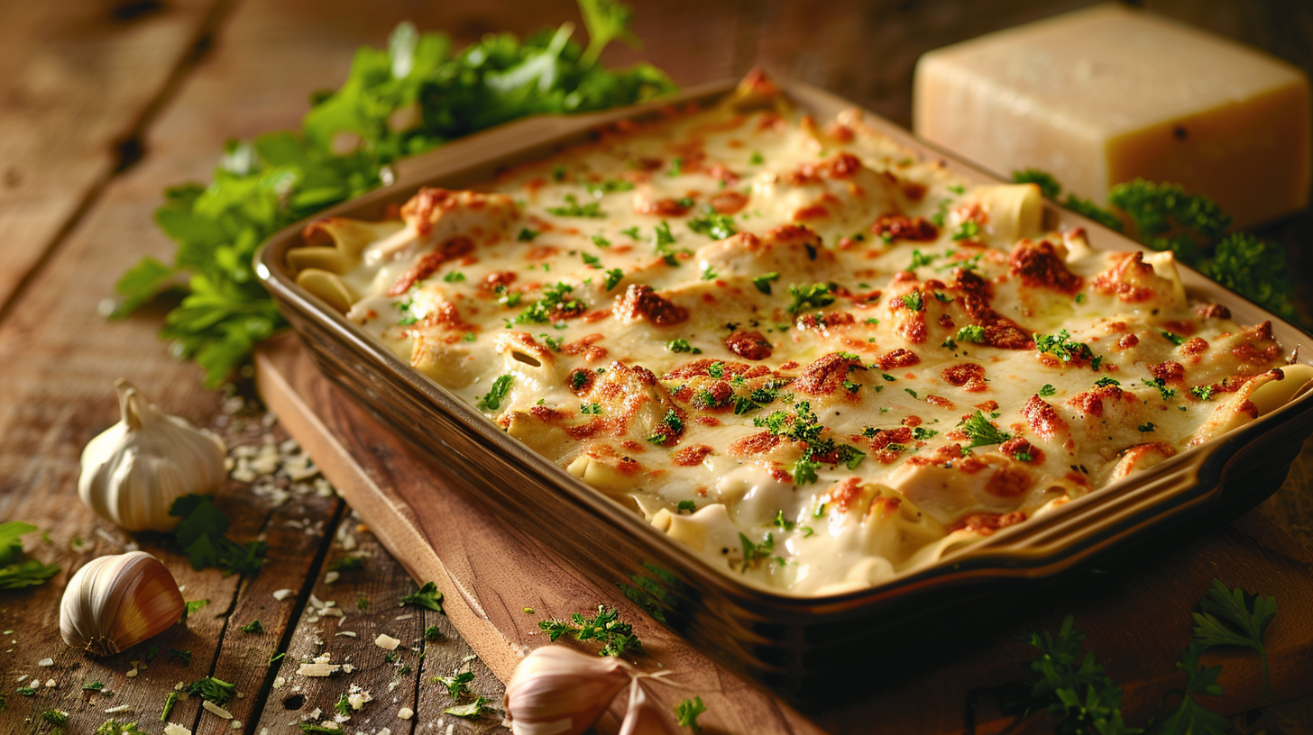 Golden, creamy Chicken Alfredo Bake topped with melted cheese in a casserole dish, surrounded by fresh parsley and Parmesan on a wooden table.