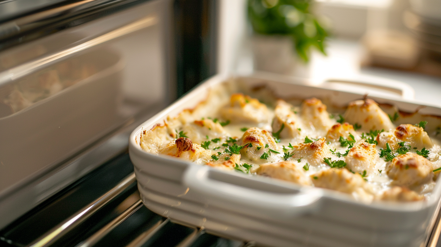 Close-up of reheated chicken Alfredo on a white plate with creamy pasta, golden cheese topping, parsley garnish, garlic bread, and a fresh salad