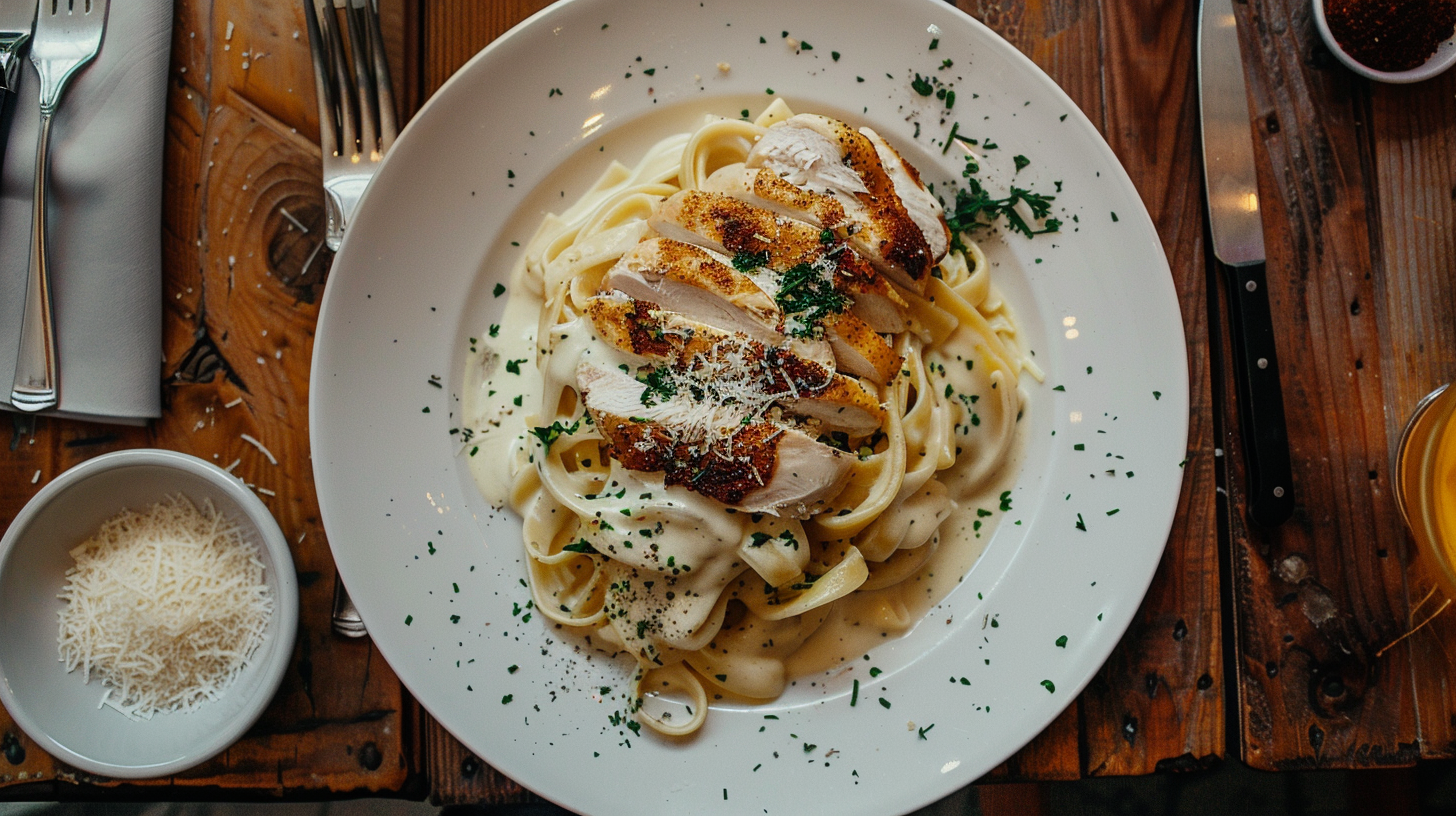 A plate of creamy Chicken Alfredo with tender chicken, fettuccine pasta, and parsley garnish on a rustic table.