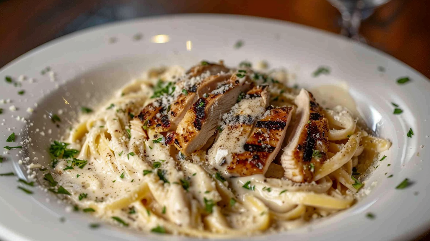 Close-up of chicken fettuccine Alfredo with creamy sauce, fettuccine pasta, and grilled chicken slices garnished with parsley.