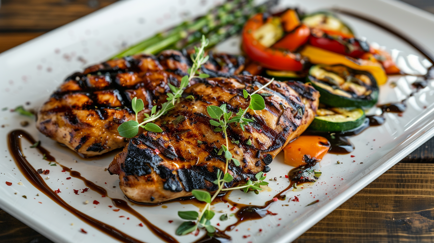 Grilled chicken with charred zucchini, asparagus, and colorful bell peppers on a rustic plate.