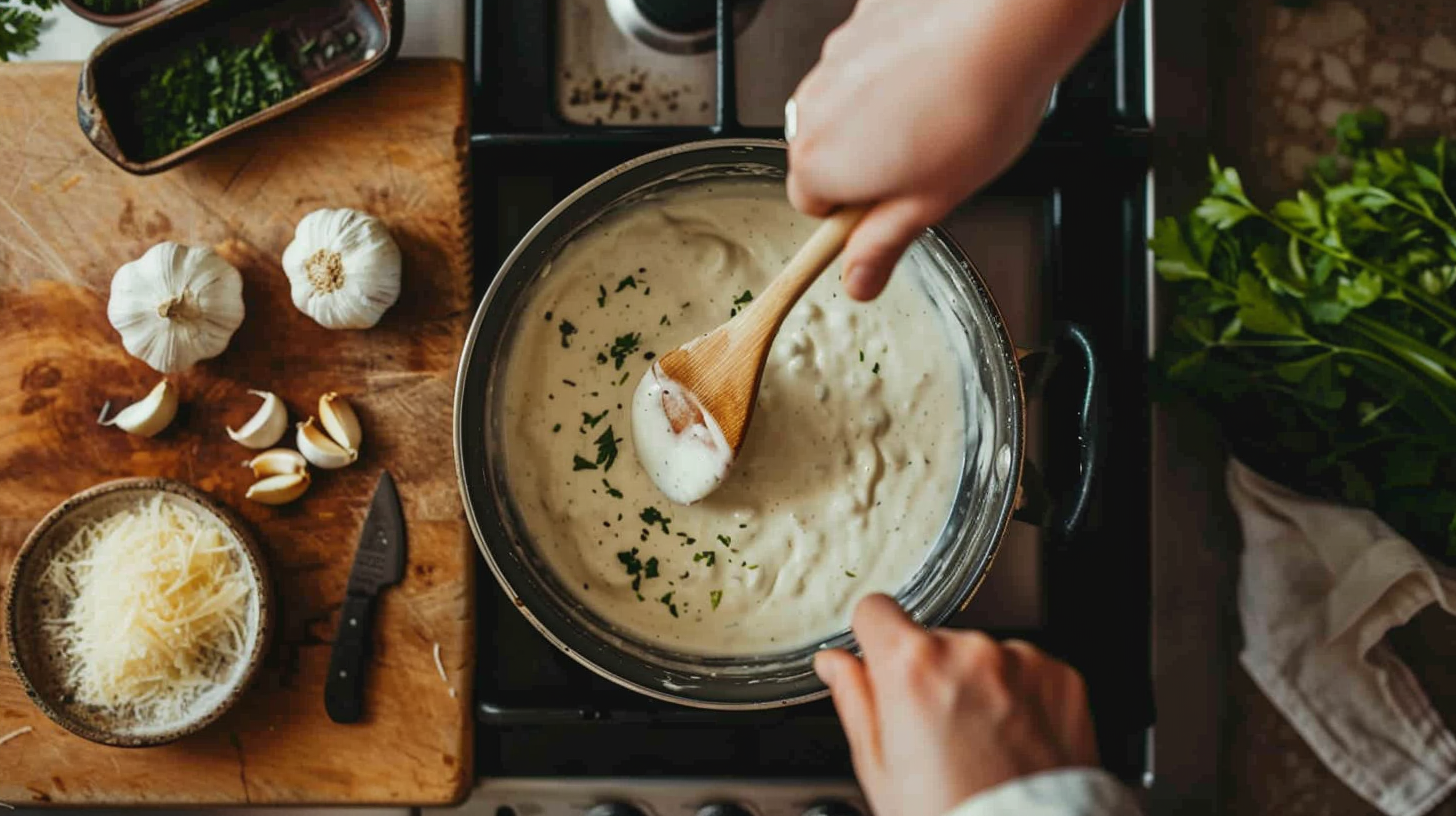 Cooking Alfredo sauce on a stove with fresh garlic, Parmesan, and parsley on a wooden cutting board nearby.