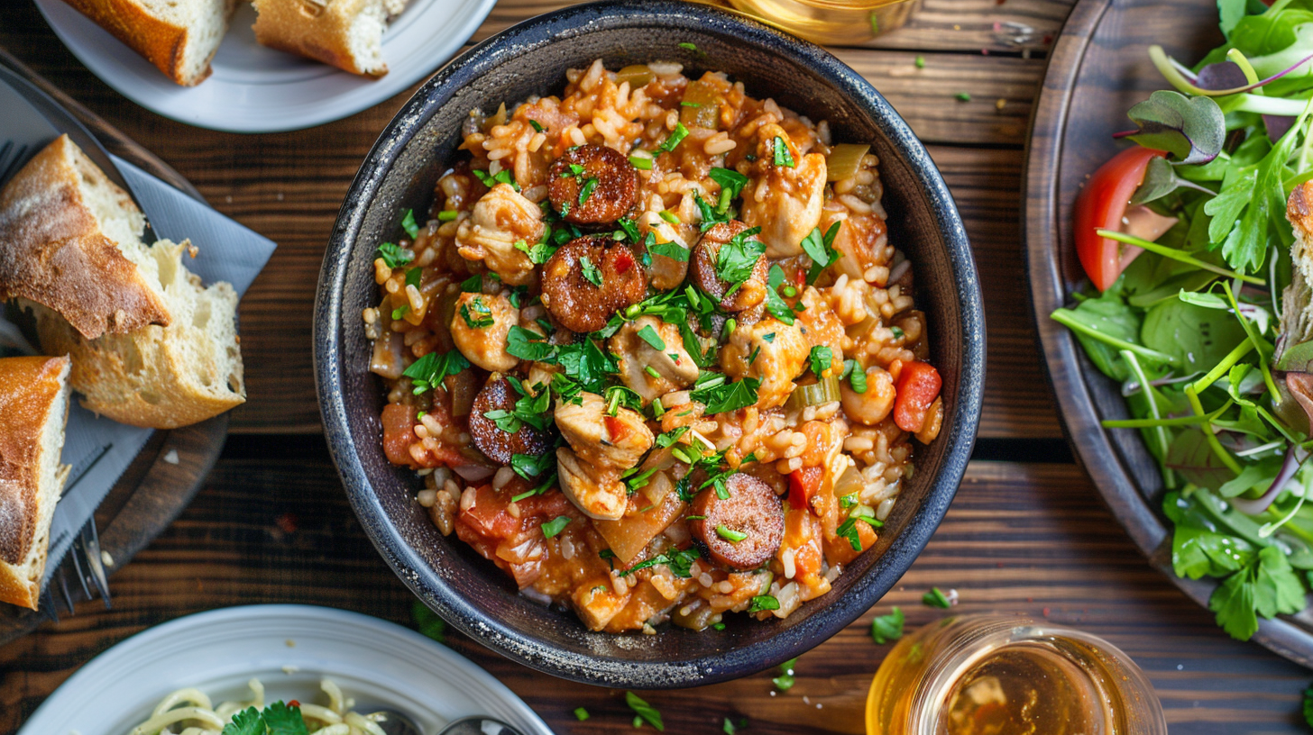 A steaming bowl of chicken and chorizo jambalaya served with garlic bread, a fresh green salad, and a glass of iced tea on a rustic wooden tablec.