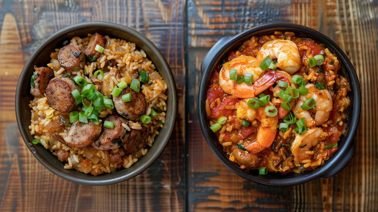 Cajun vs. Creole Jambalaya – a side-by-side comparison of key ingredient differences.