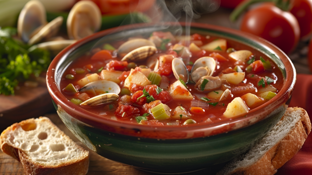 A steaming bowl of Manhattan clam chowder with a red tomato-based broth, filled with fresh clams, celery, onions, potatoes, and carrots.