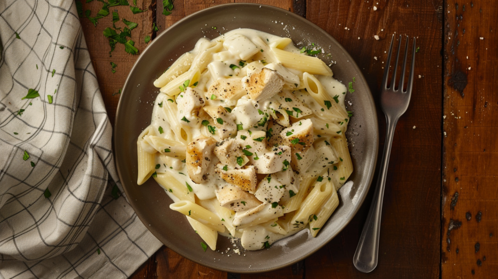 Top-down view of chicken Alfredo with penne pasta, creamy sauce, and cubed chicken, garnished with parsley."