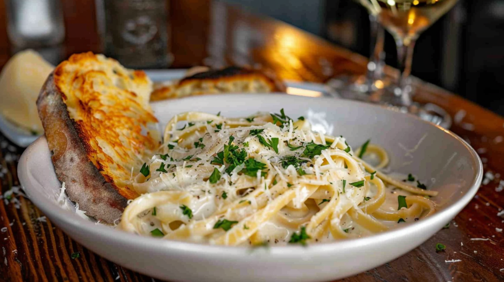 A plate of creamy fettuccine Alfredo topped with Parmesan cheese and parsley, served with garlic bread and white wine.