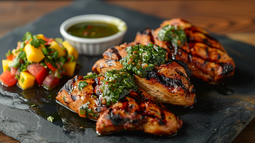 What pairs well with grilled chicken? A meal with roasted vegetables, quinoa, and chimichurri sauce.