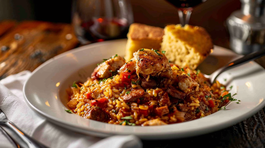 A plated serving of chicken and chorizo jambalaya on a rustic wooden table, paired with cornbread and a glass of red wine, ready to be enjoyed.