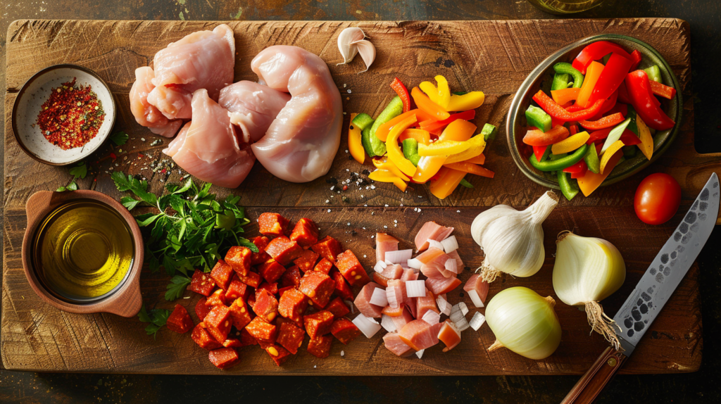 Raw chicken, sliced chorizo, and fresh vegetables on a cutting board, ready for cooking with spices and olive oil.