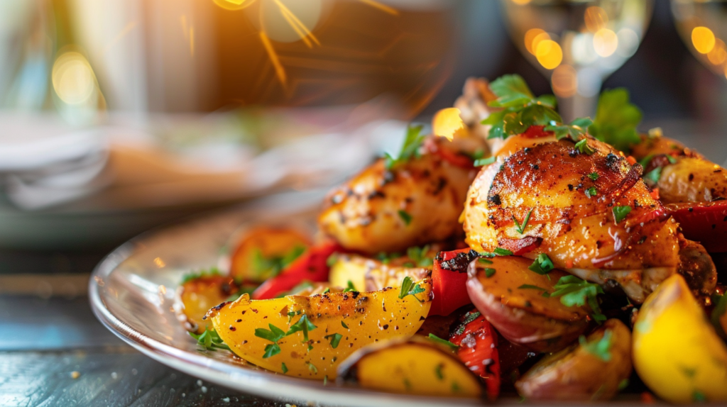 A pan of sizzling chicken and chorizo, seasoned with paprika and garlic, being stirred with a wooden spoon, with steam rising from the dish.