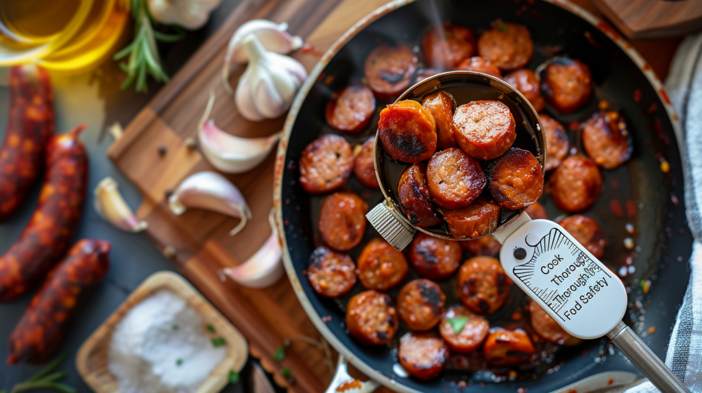 A food thermometer checking if chorizo is fully cooked at 160°F for safety