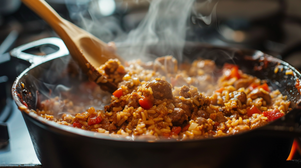 Cajun Jambalaya cooking in a cast-iron pot, capturing its smoky and bold flavors.