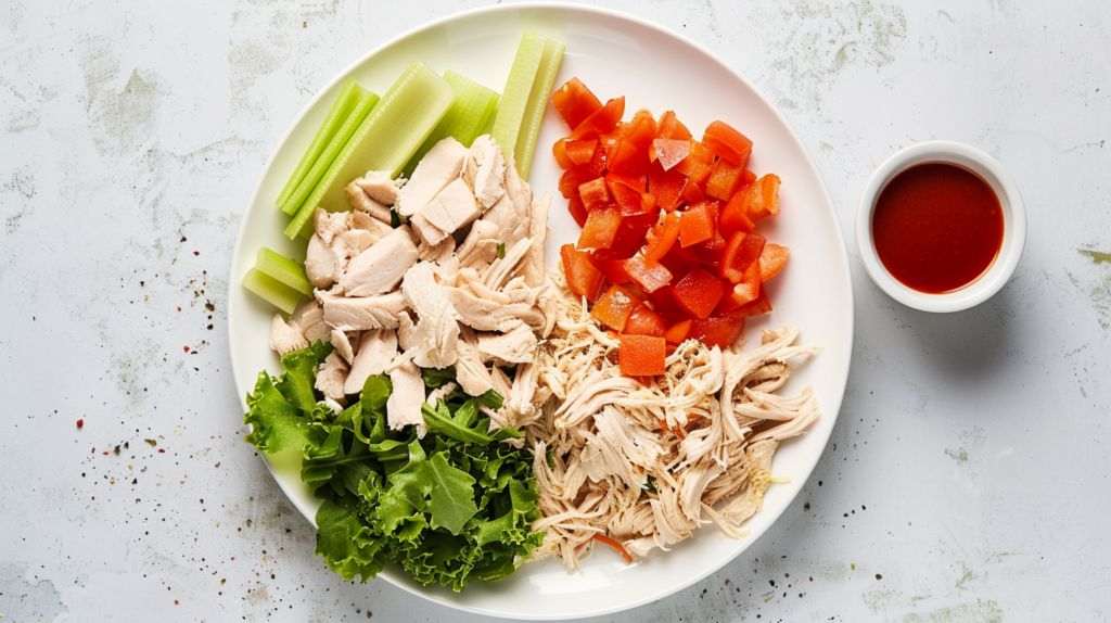 Close-up of tender shredded chicken with mayonnaise, fresh parsley, and celery on a rustic wooden board.
