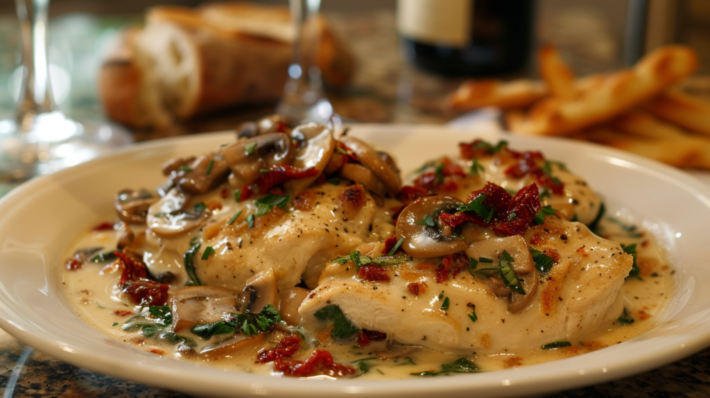 A plate of creamy Chicken Alfredo with tender chicken, fettuccine pasta, and parsley garnish on a rustic table.
