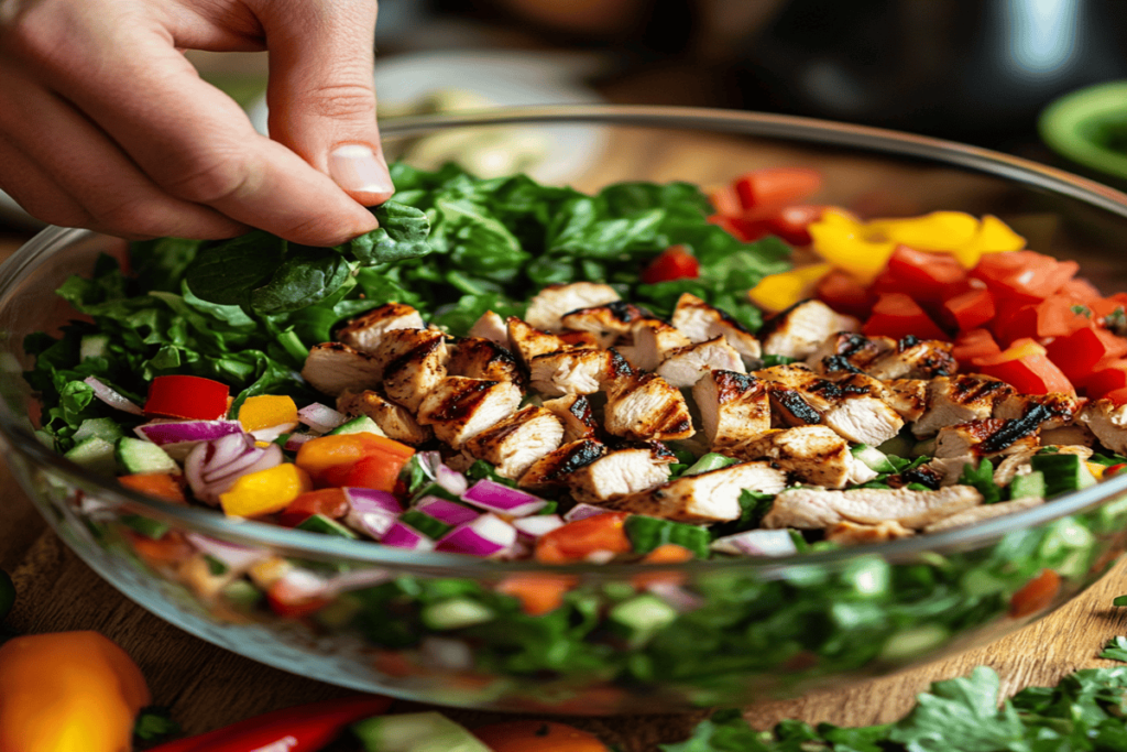 Hands adding fresh greens, chopped vegetables, and grilled chicken into a glass bowl for a grilled chicken salad.
